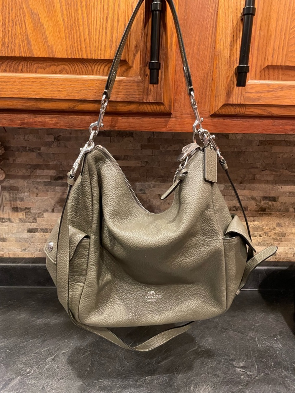 Coach Pebbled Leather Hobo Shoulder Bag in Olive